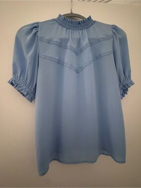 LOFT Sky Blue Smocked Neck Puff Sleeve Blouse